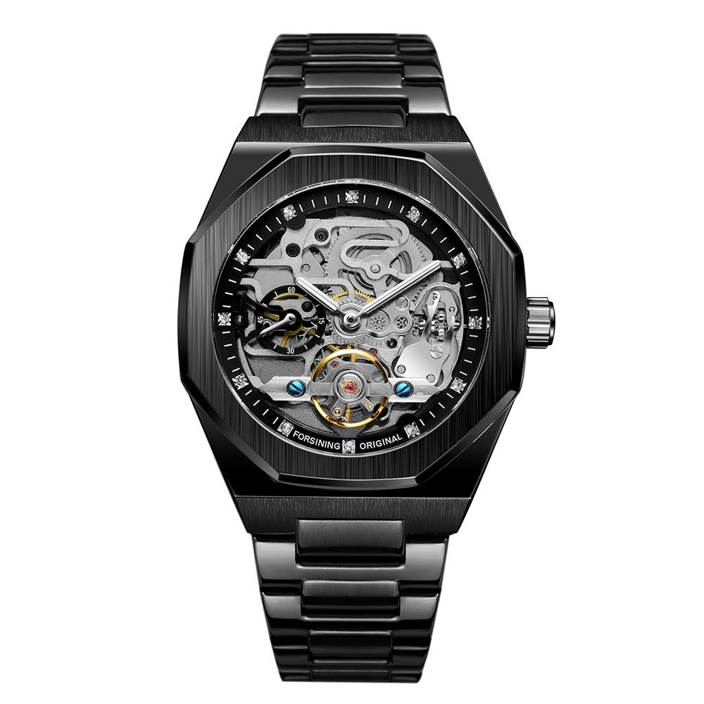 BOLYTE Tourbillon Design Men's Analog Automatic Stainless Steel Wrist Watch Mechanical Skeleton Male Clock (Black)