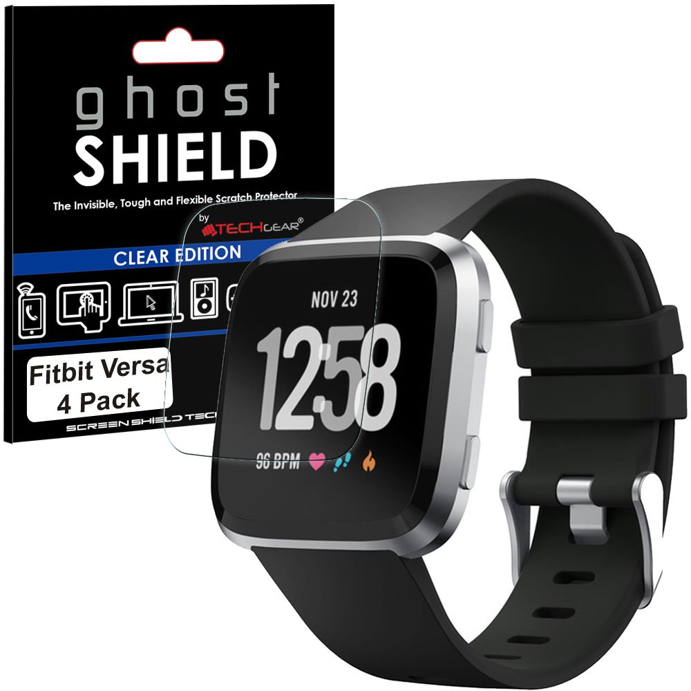 TECHGEAR [4 Pack] Screen Protectors to fit Fitbit Versa [ghostSHIELD Edition] Genuine Reinforced Flexible TPU Screen Protector Guard Covers with Full Screen Coverage inc Curved Screen