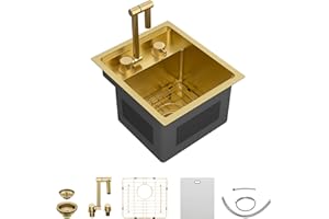 Fulorni 13"x15" Small RV Kitchen Sink – 16 Gauge 304 Stainless Steel Brushed Gold NANO-PVD Undermount Single Bowl Sink with Foldable Faucet, for RV, Camper, Mobile Home, Wet Bar