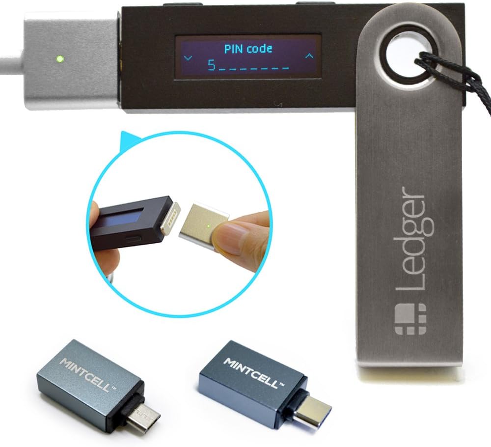 Ledger Nano S - Cryptocurrency Hardware Wallet With MintCell Magnetic USB Cable, USB C Adapter, Micro USB Adapter and Cable Tie Adds MacBook & Android Compatibility