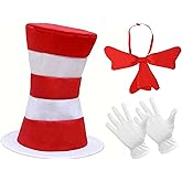 GJD Top Hat Cat Costume Kit Adult Red and White Striped Hat, Gloves, Bow Tie, Halloween Props
