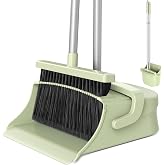 Zeawec Broom with Dustpan Set for Pet Hair &amp; Dust Cleanup, Green | Long Handle Upright Standing Self-Cleaning Broom and Dustpan Set for Indoor Outdoor Use for Home, Kitchen, Office