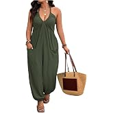 WDIRARA Women's Plus Size Backless Halter Jumpsuit Sleeveless Pants Romper | Deep V Neck