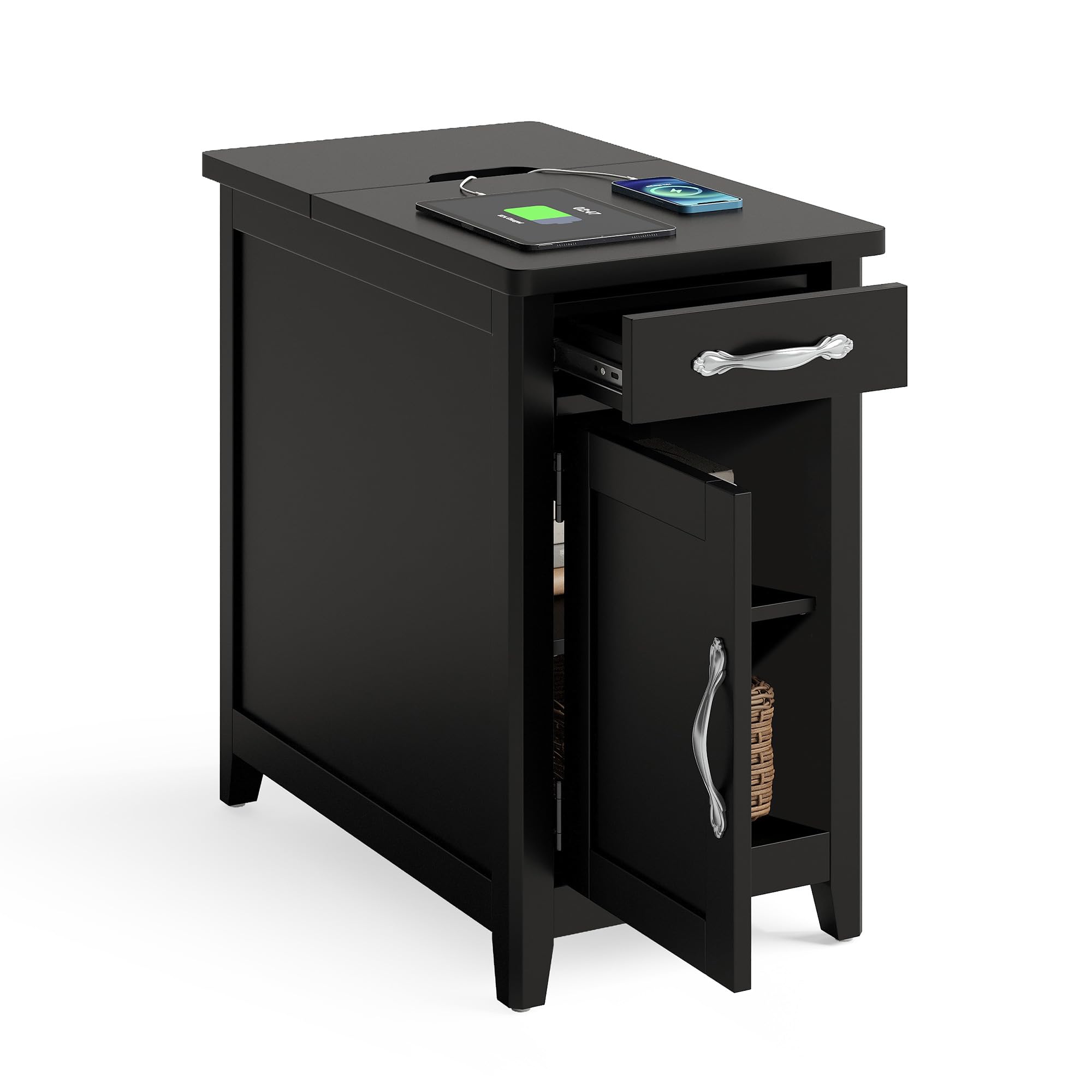 LINSY HOME Farmhouse End Table with Charging Station, Narrow Side Table for Living Room, Sofa Side Table with Drawer and Storage Cabinet, Small Nightstand for Home Office Image