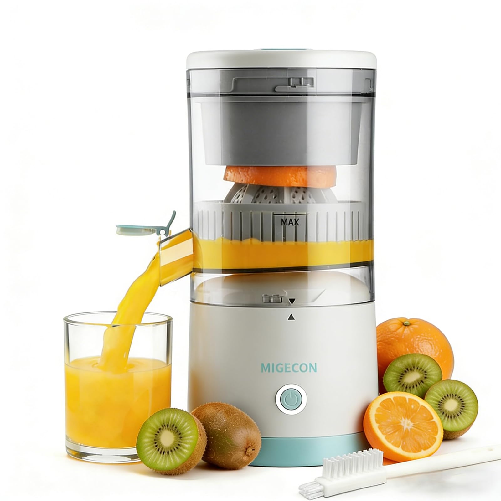 MIGECON Electric Citrus Juicer, Rechargeable Orange Juicer, Portable Juicer Machine, Anti Drip Function, includes Cleaning Brush, for Lemon, Grapefruit, and Lime, White