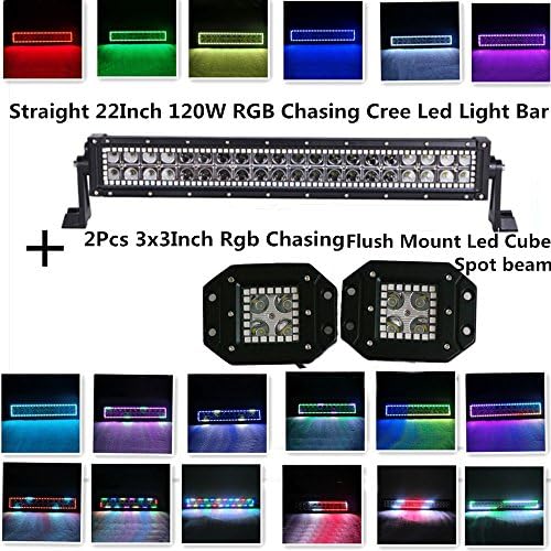 IOV LIGHT 22 Inch Straight 120W Cree Led Light Bar RGB Chasing Halo Ring Color Changing Combo Beam for Off road 4wd 2pcs 16w RGB Chasing Cree Flush Mount Spot Beam Led Cube Free Wire Harness