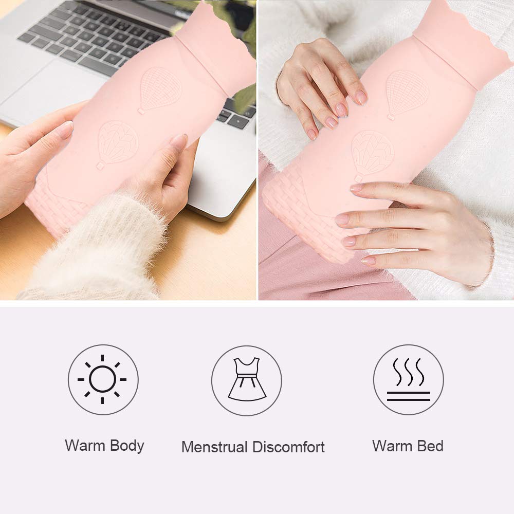 Silicone Hot Water Bottle with Removable Soft Knitted Cover Silicone BPA Free Hot Water Bag Hot Cold Therapy for Birthday, Christmas, Valentine\'s Day, Gift Exchange Party (Pink)
