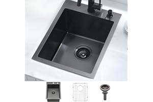 Black Drop in Bar Sink, BoomHoze 15 x 20 Inch Topmount Black 16 Gauge Stainless Steel Bar Sink Single Bowl Small Kitchen Bar Sink 2-Hole Wet Bar Sink Outdoor RV Sink Deep Basin with Grid
