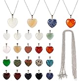 GOMAKERER 40 Pcs Heart Stone Charm Necklaces Set, Natural Love Heart Quartz Gemstone Crystal Pendants with 304 Stainless Steel Necklaces for Jewelry Making