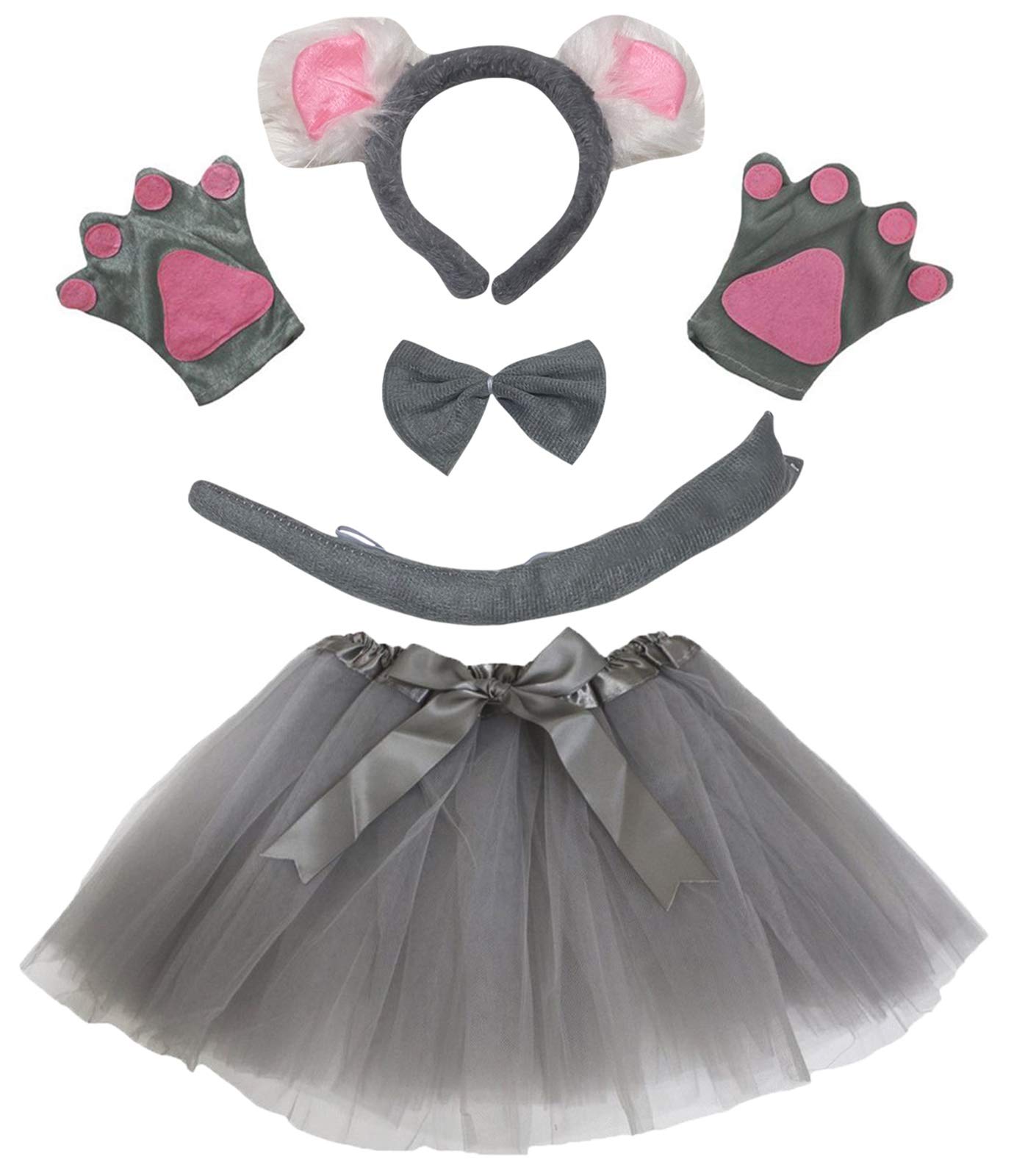 Petitebelle Koala Headband Bowtie Tail Gloves Grey Tutu 5pc Girl Costume 1-10y (Grey, 1-5 Years)