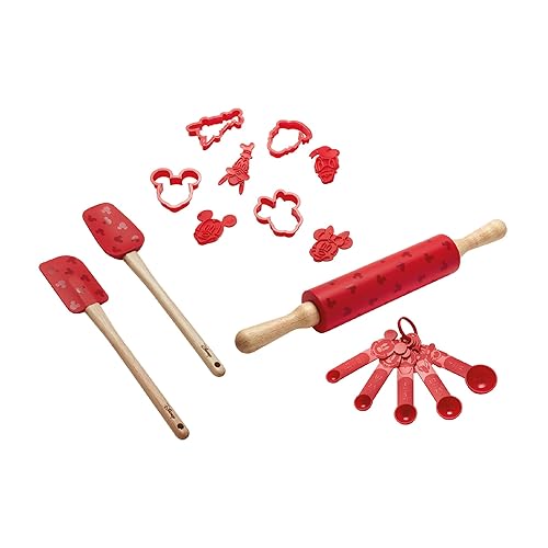 Prestige New Disney Bake with Mickey Mouse Kitchen Utensils Set with Measuring Spoons Set, Silicone Spatula Set of 2, Silicone Rolling Pin and Cookie Cutter Set of 4