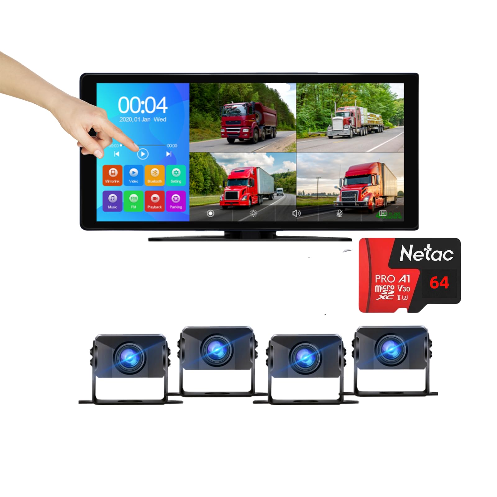 Photo 1 of 4K Truck Camera 10.36 Inch DVR Touch Screen Quad 4 Split Screen Monitor with Bluetooth1080P AHD Waterproof Front Rear Side View Camera Free 64GB for Truck Backup Cameras Night Vision
