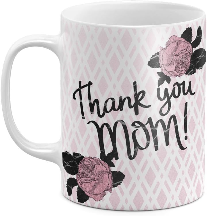 Thank You Mom! Pink Roses Moroccan Tilles Chevron Best Birthday or Anniversary Gifts Unique Present Idea Funny Christmas Gift Idea White Heat Resistant Ceramic Tea Coffee Mug - 11oz