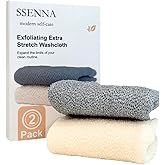 SSENNA Exfoliating Extra Stretch Washcloth 2 Pack (Beige + Gray), Japanese Style Shower Back Scrubber Towel with Straps