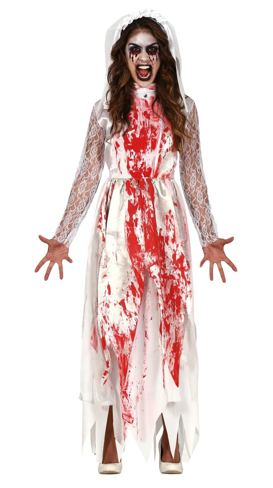 FIESTAS GUIRCA | Bloody Wifee Fancy Dress (10-12/M) - Veil and Dress - Bloody Bride Costumes for Halloween, Carnival and Horror Parties - Ideal for Adults - White and Red