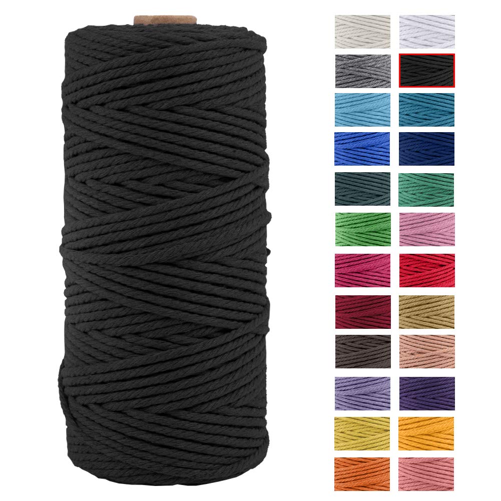 JeogYong Macrame Cord Thick Natural Cotton Cord Yarn Macrame Rope for Wall Hangings, Plant Hangers, DIY Crafts, Home Decorations, Gift Wrapping 3mm x 100m (Black)