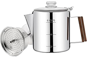 Vaolvpant No Coating 6 Cup Percolator Coffee Pot 304 Stainless Steel Moka Pot Stovetop Espresso Maker Italian Greca Cuban Machine 1000ml 33.8oz Suitable for Gas Induction Stovetop Camping Kettle