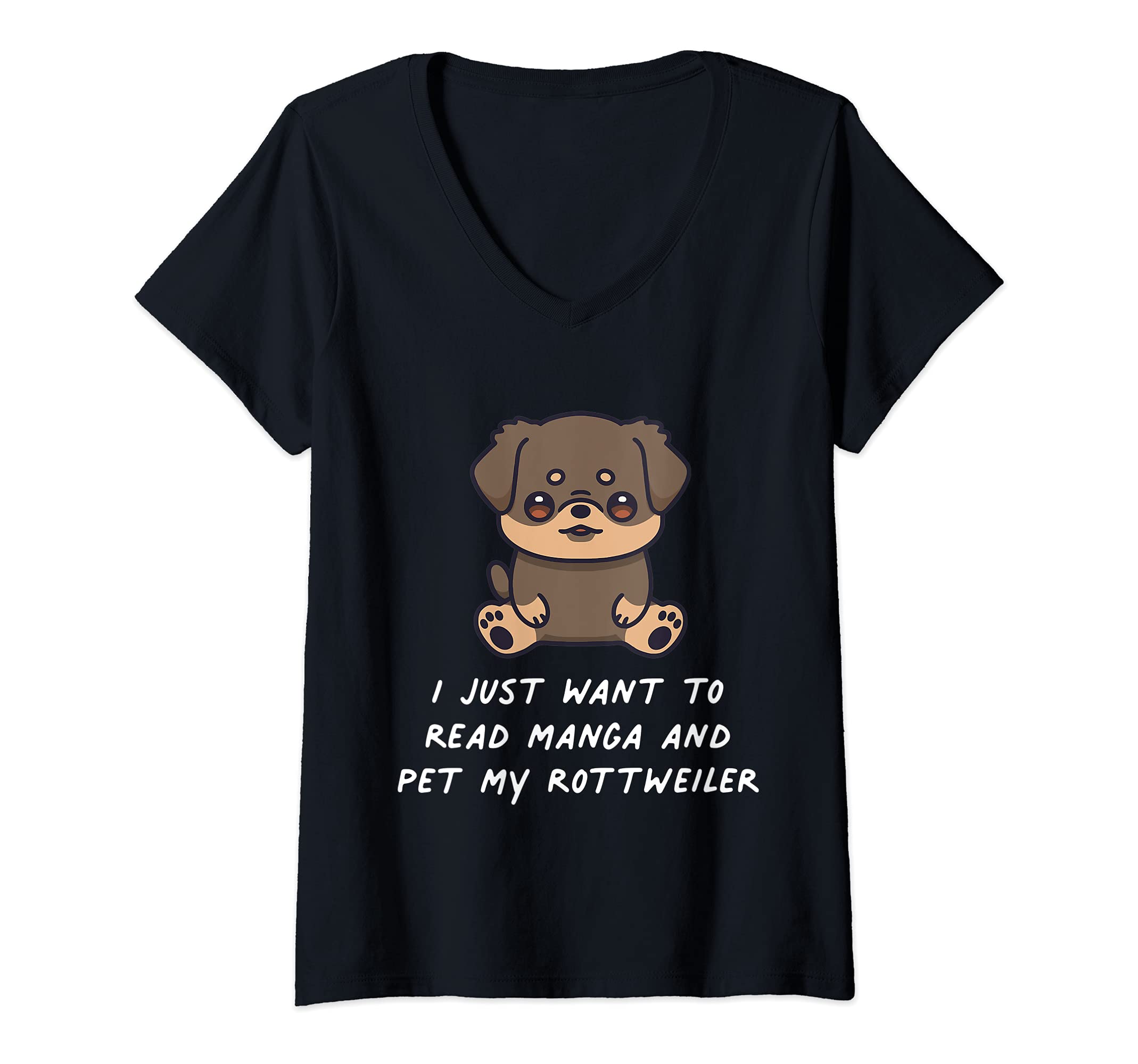 Womens I Just Want To Read Manga And Pet My Rottweiler Kawaii Dog V-Neck T-Shirt