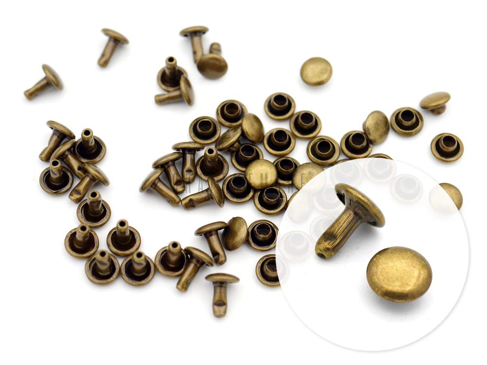 CRAFTMEMORE 100 Sets Double Cap Rivets Leather Rivet Tubular Metal Rapid Rivet Studs for Leather Craft VTDC (6 mm Cap, Antique Brass)