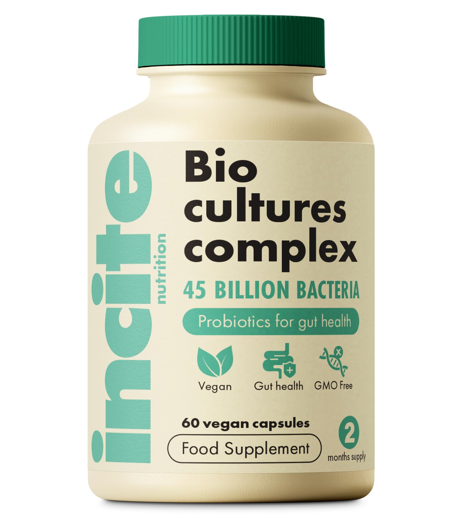 Incite Nutrition Bio Cultures Complex 45 Billion CFU. 1 Month Supply of Prebiotics and Probiotics. 15 Bacterial Strains + Inulin for Digestive Support and Gut Health. Suitable for Vegetarians & Vegans