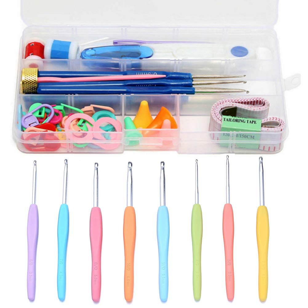 CHEPL Knitting Tool 57PCS Ergonomic Crochet Hook Set Colorful Soft Rubber Grip Crochet Needles Stitch Markers Cable Needles Sewing Knitting Tools