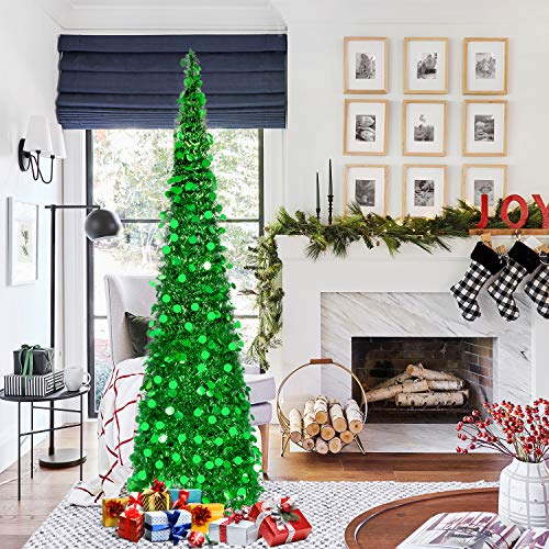MACTING 6ft Pop up Christmas Tinsel Tree with Stand Easy-Assembly Tinsel Coastal Glittery Christmas Tree for Holiday Xmas Decorations(6FT Green)