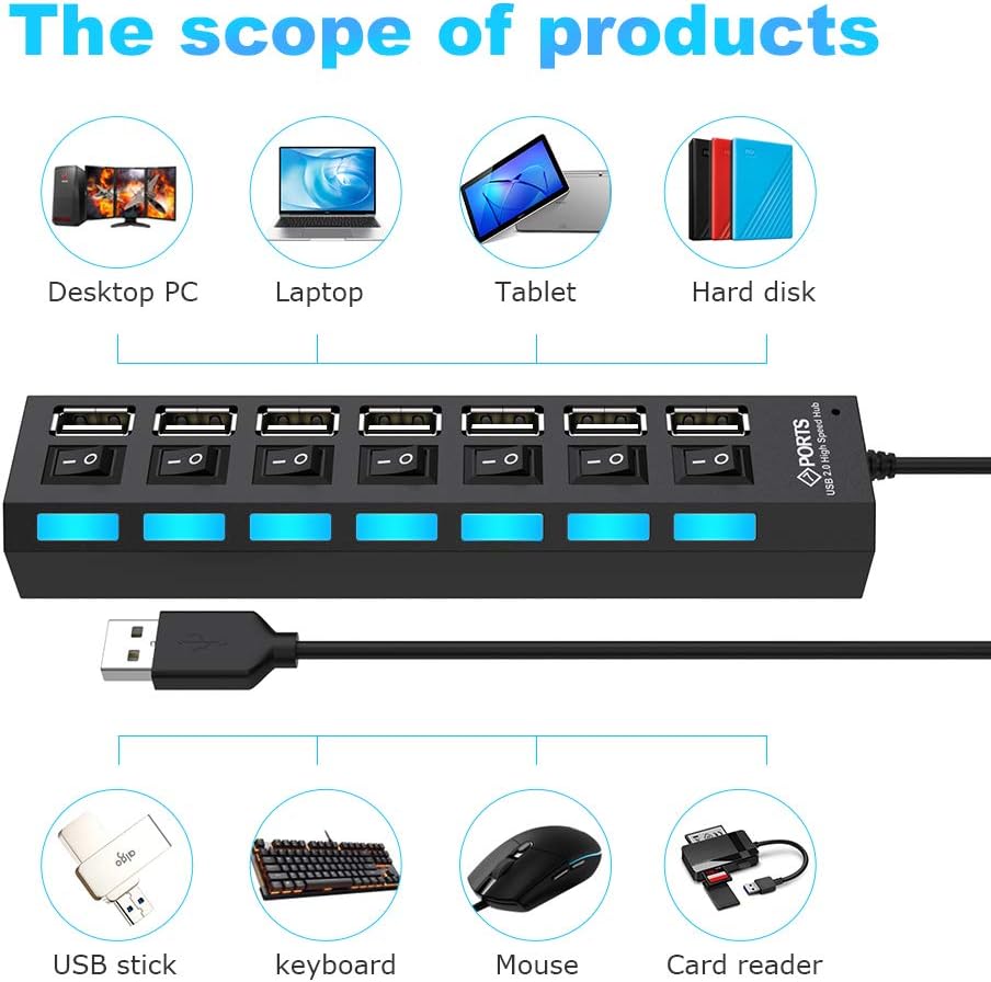 Multi Port USB Splitter, 7-Ports USB 2.0 Hub High Speed ON/Off Individual Switch with LEDs Compatible for All USB Device (7-Ports): Computers & Accessories