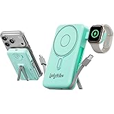 Magnetic Portable Charger Built-in Cables,10000mAh Fast Charging Wireless Charger Station External Battery Pack Slim Pocket Size Power Bank with Stand Compatible with iWatch, iPhone and Android Phones