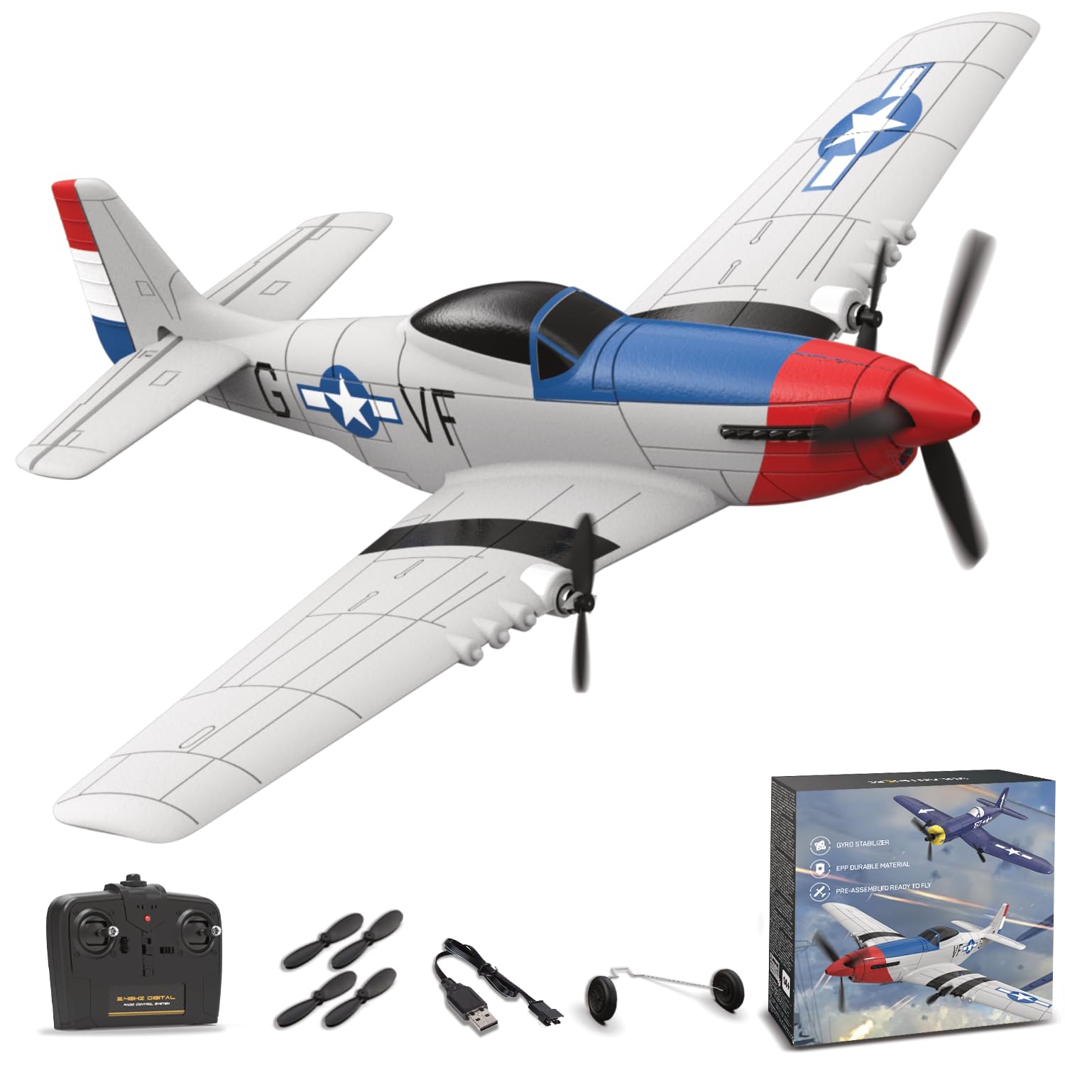 Photo 1 of ANBURI RC Plane for Beginners, P51 Remote Control Airplane for Adults, 2.4GHz 3 Channel Fighter Featuring 6 Axis Gyro Stabilizer, Easy to Fly