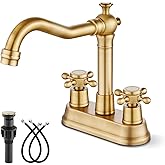 Gotonovo Antique Brass 2 Hole 4 Centerset Bathroom Sink Faucet with Double Cross Handles Deck Mounted Brass Vanity Mixer Tap Utility Include Water Hose, Suitable for 6-12 inch Hole