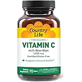 Country Life Vitamin C 1000mg with Rose Hips – Time Release Immune Support Supplement – Antioxidant Protection – Vegan, Gluten-Free, Preservative-Free – 90 Tablets