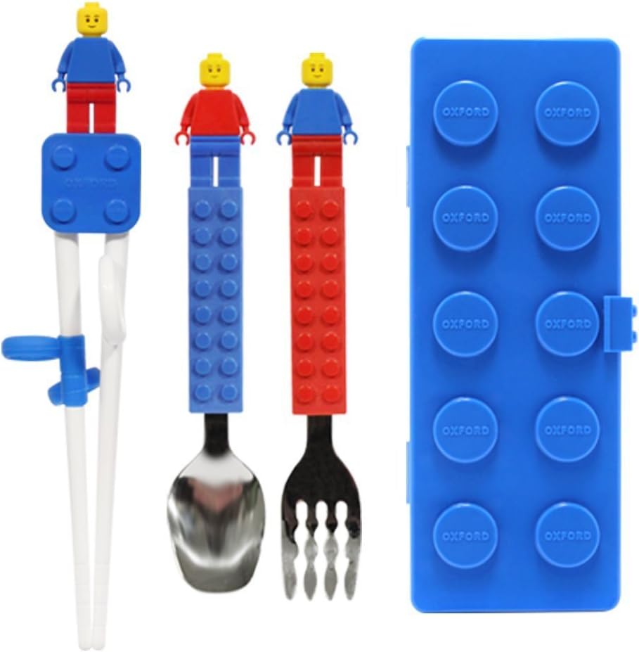 Brick Figure Spoon, Fork, Training Chopsticks and Case Cover set for Toddler Kid Children (Blue)