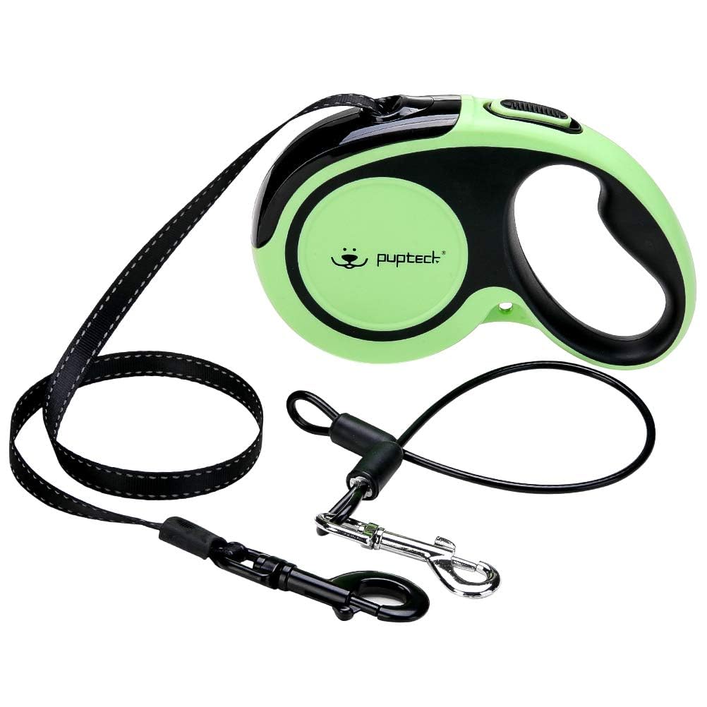 PUPTECK Chew Proof Retractable Dog Lead for up to 110lbs Small Medium Large Dogs, 16ft Reflective Extendable Dog Lead with 15in Durable Wire Rope for Training Walking Green