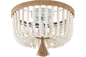 VILUXY Bohemia Wood Beaded Flush Mount Ceiling Light Antique Rustic Mini Round Chandelier White for Bedroom Kitchen Island Girl Room Entryway 3-Light