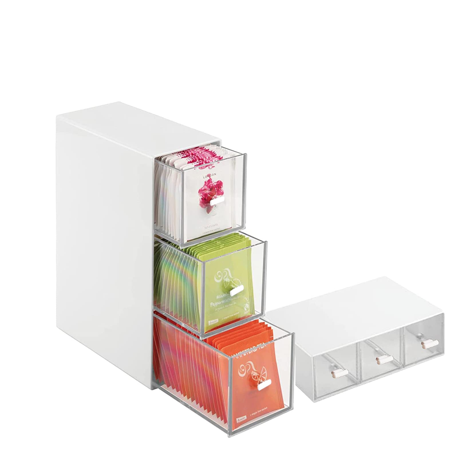 XongSyue Tea Bag Storage, Stackable Tea Box Organiser with 3 Drawers, Plastic Tea Box for Kitchen, Tea Bag Organiser for Tea Bags, Coffee Pods, Sugar
