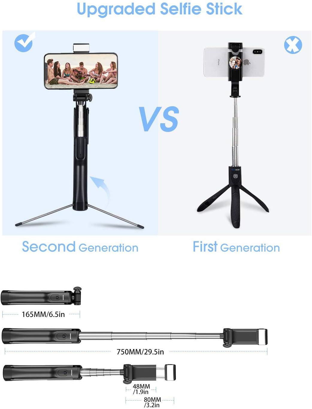 Mpow Selfie Stick Tripod, All in 1 Portable Extendable Selfie Stick with Bluetooth Remote & Fill Light, Compatible iPhone 11/11PRO/XS Max/XS/XR/X/8P/7P, Galaxy S20/S10/S9/S8 Gopro/Small Camera, Black