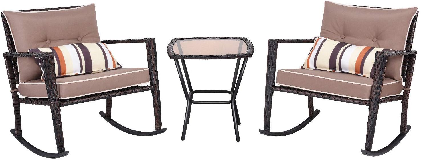 Tangkula AM1483HM Rocking Set 3 Piece Outdoor Patio Garden Poolside Wicker RATT, Brown: Garden & Outdoor