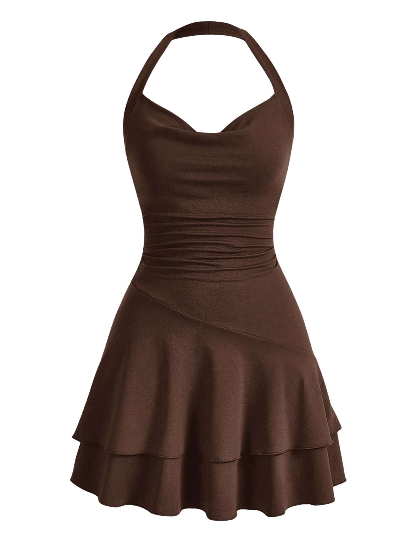 Photo 1 of SOLY HUX Cute Halter Mini Dresses for Women Summer Sexy Club Party Backless Short Sundress Chocolate Brown Small