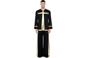 JEYPINMI Men's Liturgical Praise Dance Outfit Metallic Shiny Cross Pullover Tops and Loose Pants Church Worship Dancewear