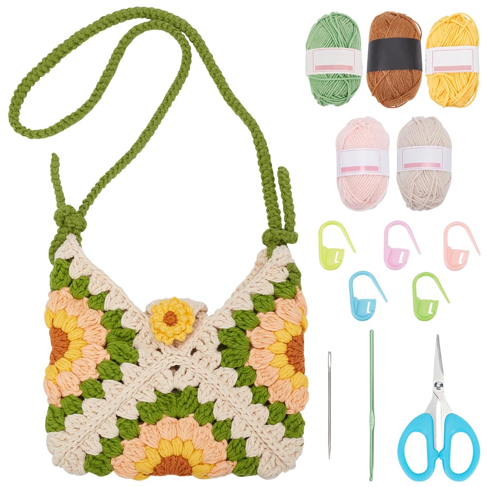 FREEBLOSS Crochet Bag Kit Crochet Beach Bag Beginners Crochet Kit Bohemian Mesh Bag DIY Sunflower Crochet Bag with Video Tutorials Crochet Knitted Bag for Gift Women