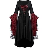 Womens Witch Dress, Halloween Medieval Vampire Costume Bat Sleeve Skull Lace Corset Gothic Sorceress Dresses