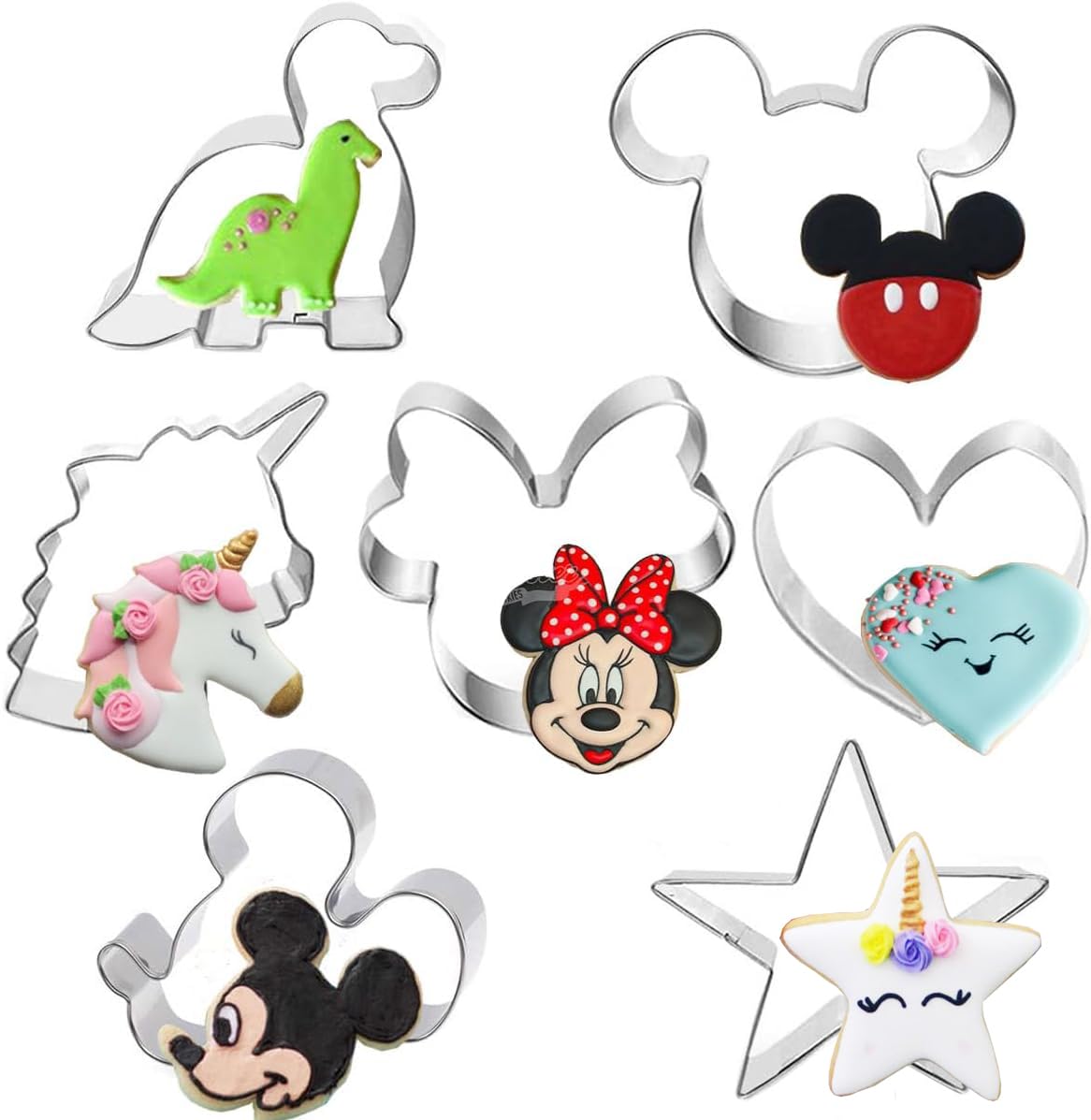 7 Piece Cookie Cutters with Shapes of Cartoon Animals, Unicorn, Dinosaur, Heart and Star for Cookies, Sandwiches, Pies and Cakes