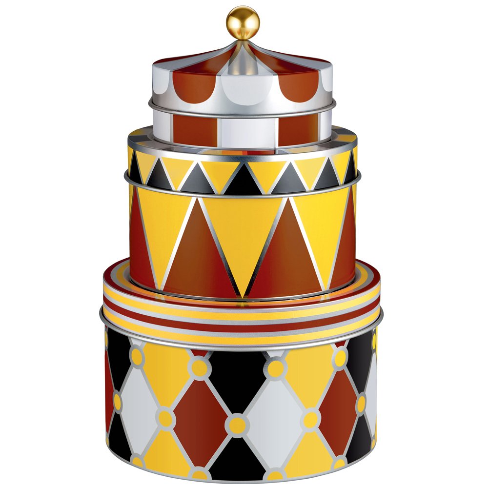 Alessi MW31S3 Circus Set of three all-purpose boxes in tinplate with decoration Ø cm 11,2 – h cm 8,3 / Ø 4 ½” – h 3 ¼” Ø cm 14,4 – h cm 9 h/Ø 5 ¾” – h 3 ½” Ø cm 17,6 – h cm 11 / Ø 7” – h 4 ¼”