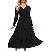 Womens Swiss Dot Boho Maxi Dress Long Sleeve V Neck Flowy Long Fall Cocktail Wedding Guest Dresses