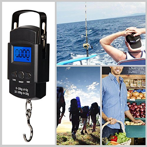 Fishing Scale, Hanging Scale, Rockjame Backlit LCD Screen 110lb/50kg Portable Electronic Digital Postal Hook Luggage Shopping Spring Scale with Measuring Tape, 2 AAA Batteries Included