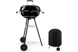 18 Inch Kettle Charcoal Grill, Leonyo Outdoor Barbecue Kettle Grill, Portable Round Smoker with Wheels, Porcelain-Enameled Lid & Fire Bowl, Perfect for Camping/Backyard/Tabletop Cooking/BBQ Party