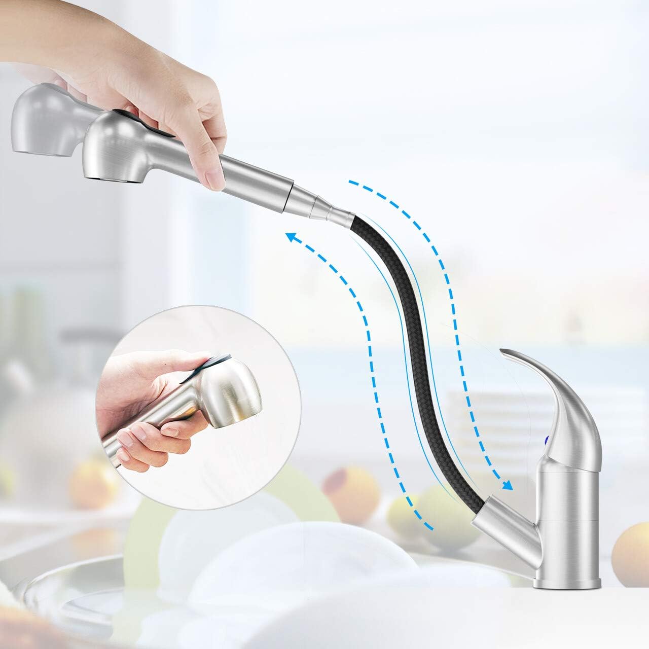 LEPO Kitchen Faucet Single Handle Low Arc Brushed Nickel Single Lever Pull Out Sprayer Kitchen Sink Faucet, Bar Sink Faucet with Deck Plate - - 