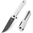 BESTECHMAN Dundee Pocket Folder Folding Knife: 3.35" D2 Steel Grey Titanized Blade, G10 Scales, EDC Reversible Deep Clip, BMK01I (White Handle)