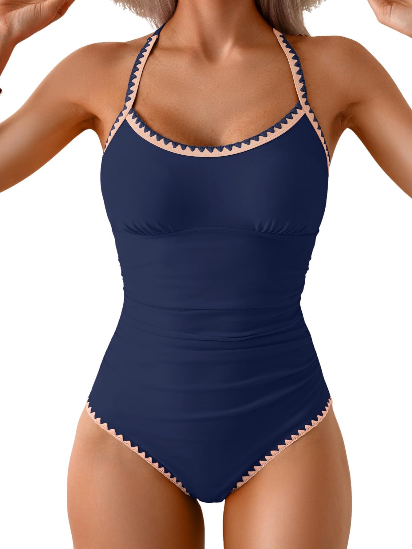 Photo 1 of Eomenie Women's One Piece Swimsuit Tummy Control Slimming Bathing Suit Ruched Swimwear Tie Back Shell Stitch Swim Suit Navy Blue