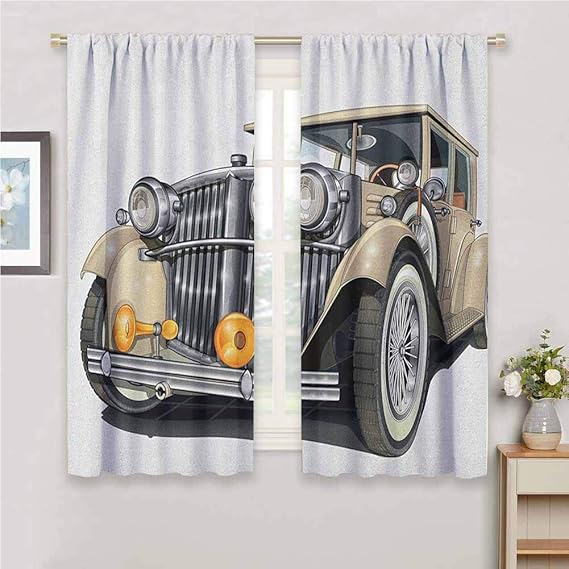 Cars Luxury Curtain Window Panel Set, Vintage Vehicle